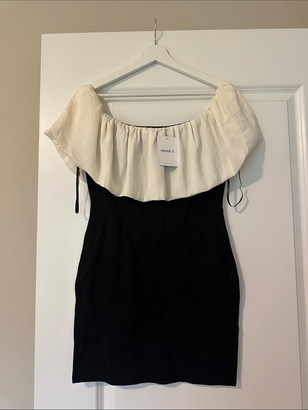 Black & Cream Off-Shoulder Ruffle Mini Dress